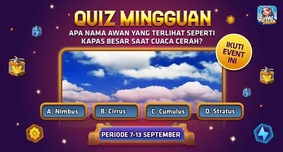 Kuis mingguan Royal Dream 7-13 September 2026 tebak nama awan