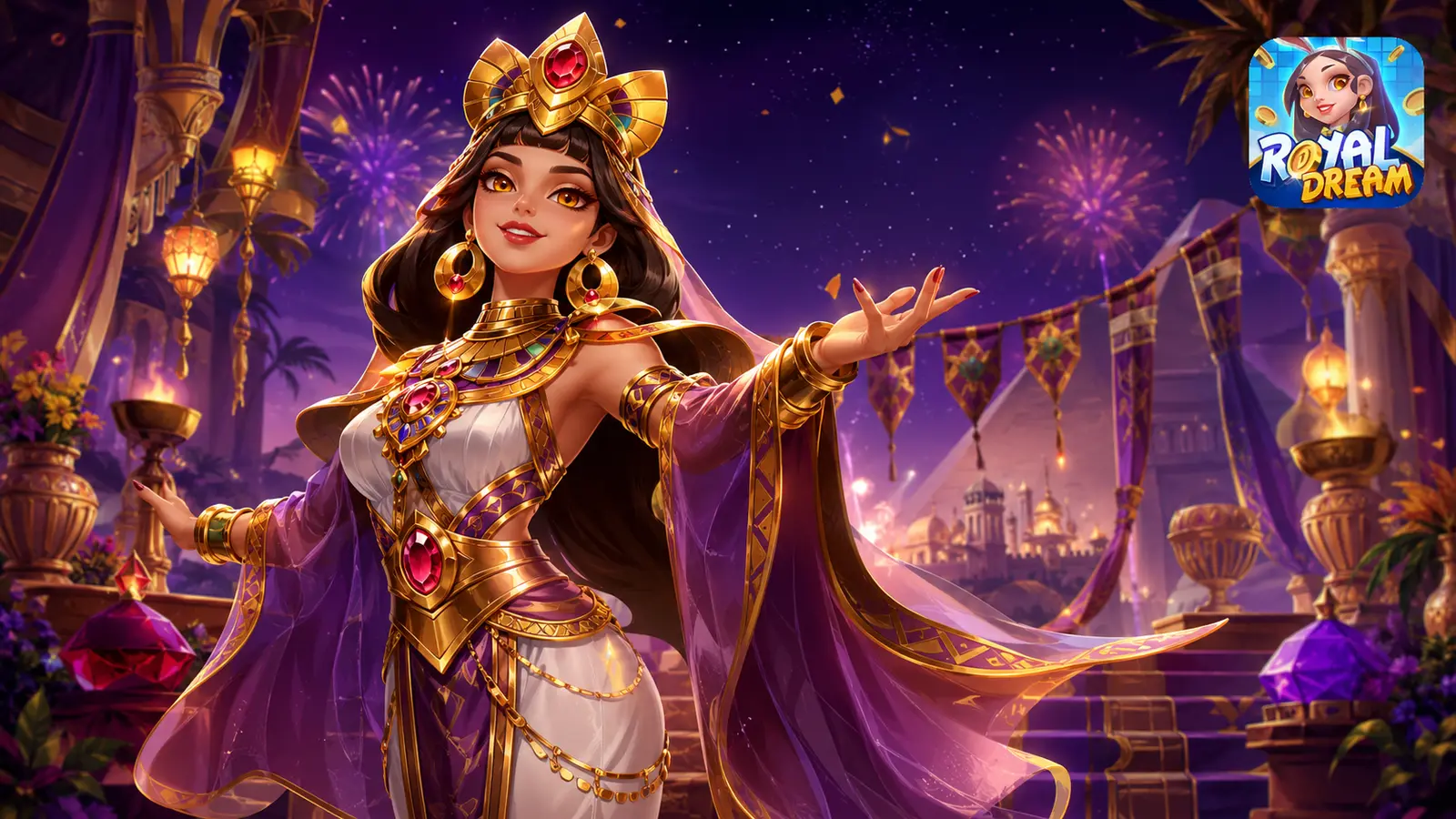 Perayaan kembang api malam hari di dunia Royal Dream